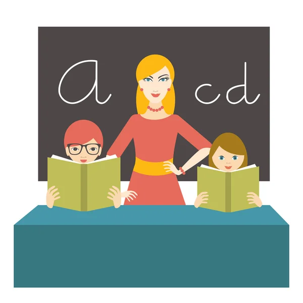 Tanár nő tanulók olvasás az osztályteremben. Lapos kivitel. — Stock Vector