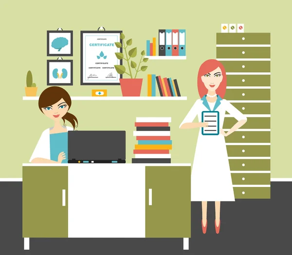 Γυναίκα γιατρό και νοσοκόμα γραφείο χώρο εργασίας. Επίπεδη διανυσματικά εικονογράφηση. — Διανυσματικό Αρχείο
