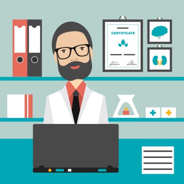 Doktor ofis işyeri. Düz vektör çizim.