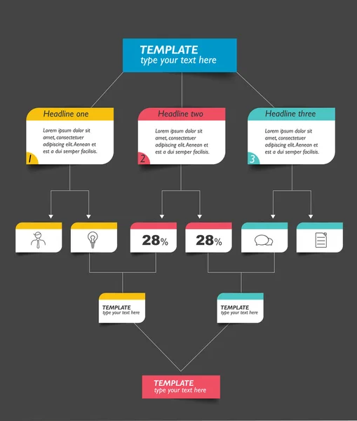 Diagrama de flujo infográfico. Esquema de sombras de colores. Aislado en negro . — Archivo Imágenes Vectoriales