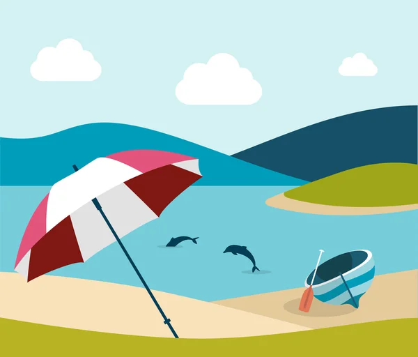 Playa de verano con sombrilla roja. Diseño plano . — Vector de stock