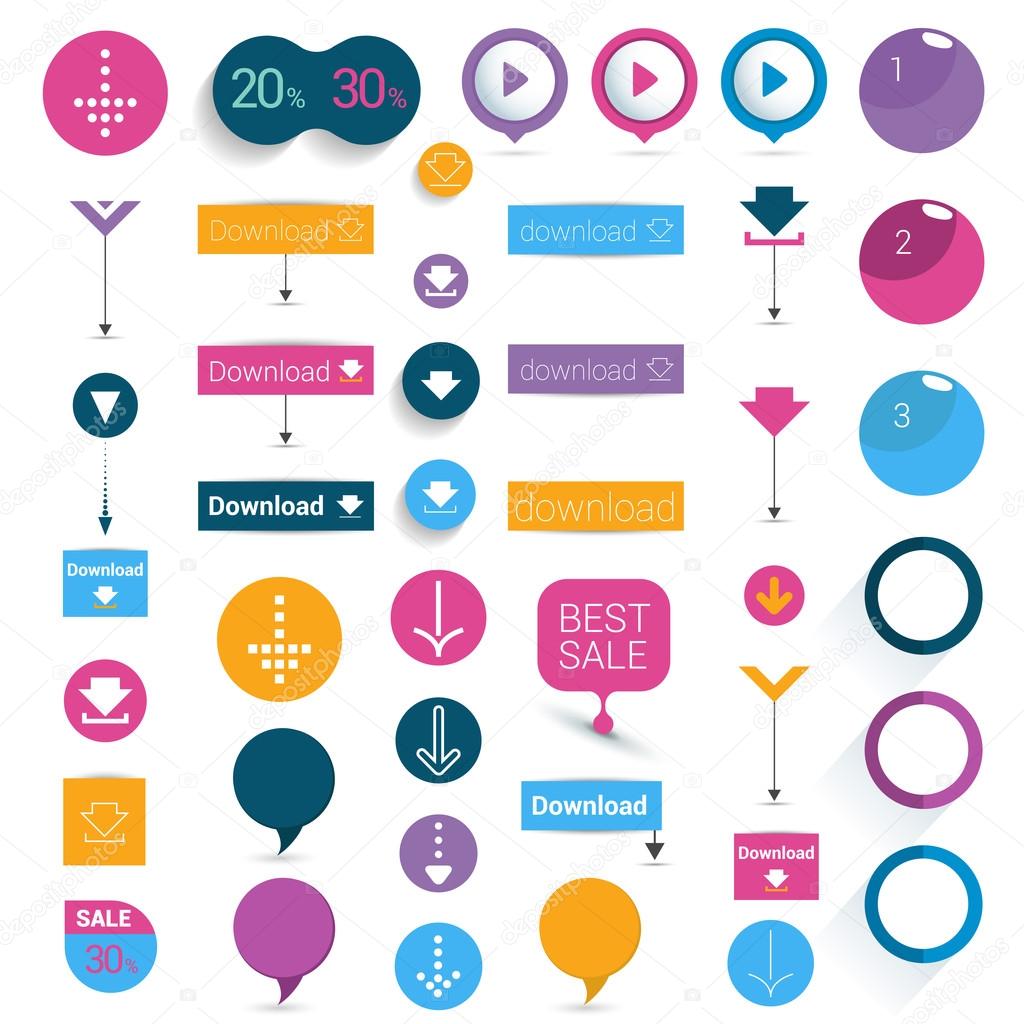 Set of buttons. Colorful shapes, arrows, pictogram. Vector illustration for infographic.