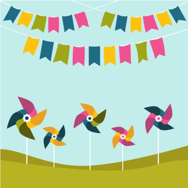 Festival, party birthday poster with color pinwheels on green grass. Flat design.