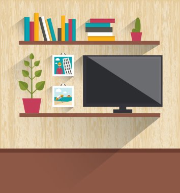 Oturma odası iç. TV ve kitap rafları. Düz tasarlamak vektör.