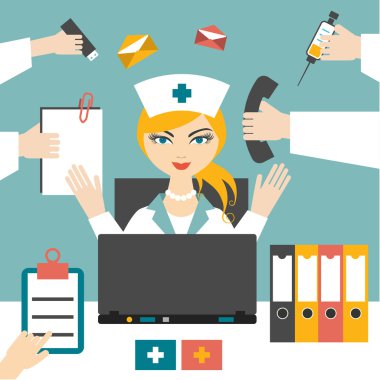 Multitasking woman nurse hard working. Busy medical woman. Flat design. clipart