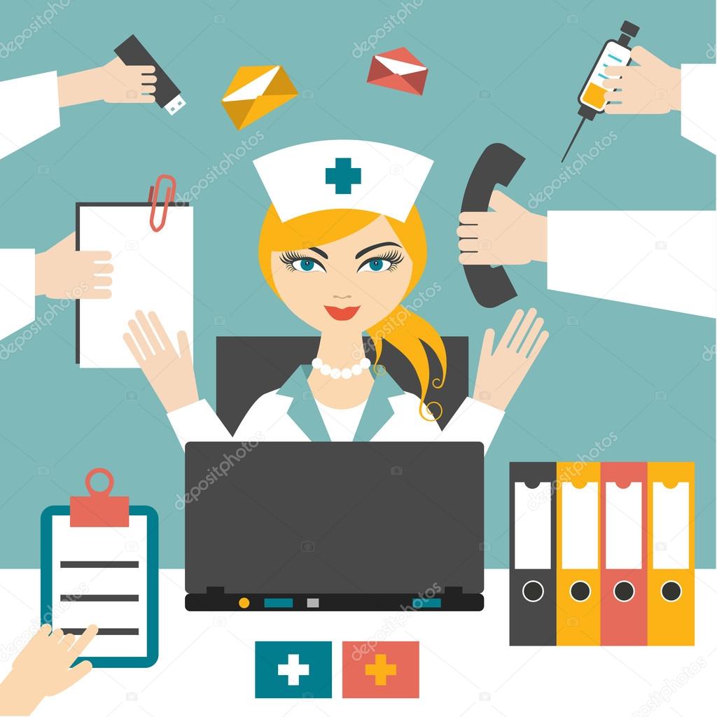 Multitasking woman nurse hard working. Busy medical woman. Flat design.