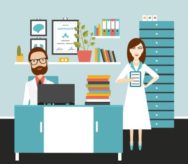 Doctor and nurse office workplace. Flat vector illustration. clipart