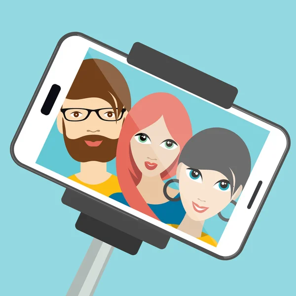 Tres amigos haciendo fotos de selfies de verano. Dibujos animados vectoriales ilustración . — Vector de stock