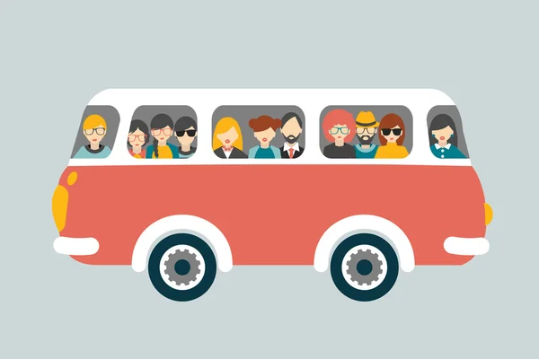 Autobús retro con pasajeros. Concepto de vector plano . — Vector de stock