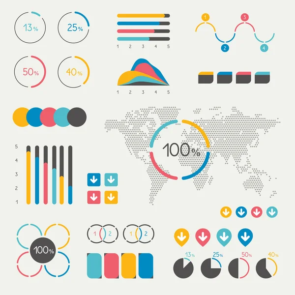 Conjunto de elementos de infografía. Gráfico, gráfico, línea de tiempo, burbuja del habla, gráfico circular, mapa. Plantilla de conjunto colorido . — Vector de stock