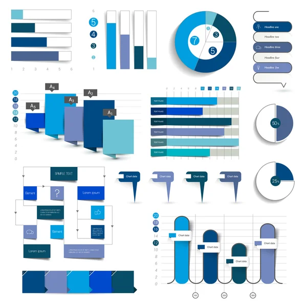 Sammlung von Diagrammen, Diagrammen, Flussdiagrammen. Infografik in blauer Farbe. — Stockvektor