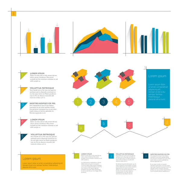 Elementi piatti infografici. Cartella con diagrammi, bolle vocali, frecce, linee temporali e grafici . — Vettoriale Stock