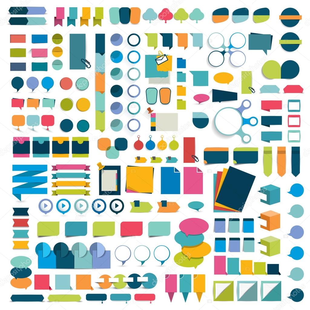 Mega set infographics flat design elements, schemes, charts, buttons, speech bubbles, stickers. Vector illustration.