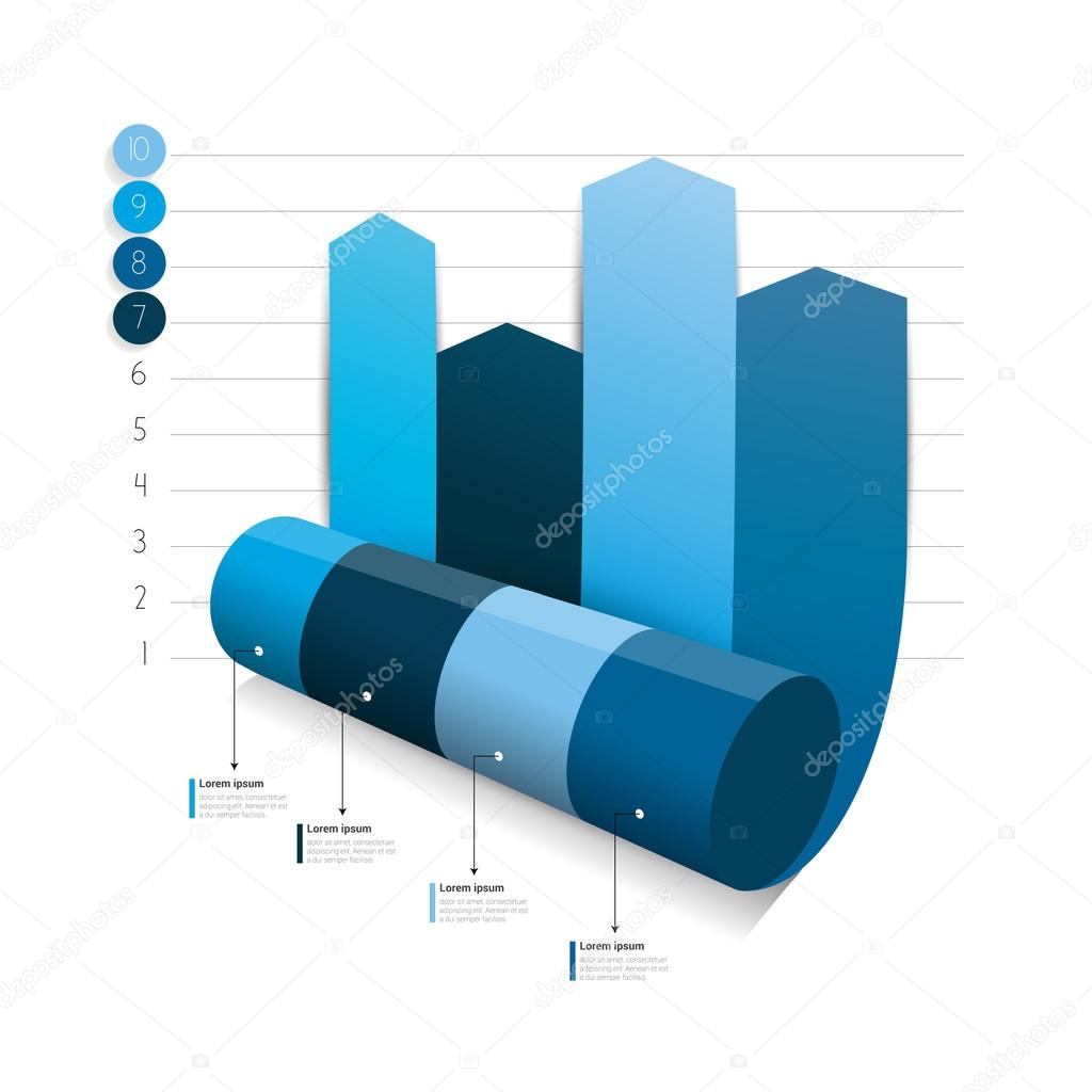 Blue Column arrow rolling 3D chart, graph. Info graphics element.