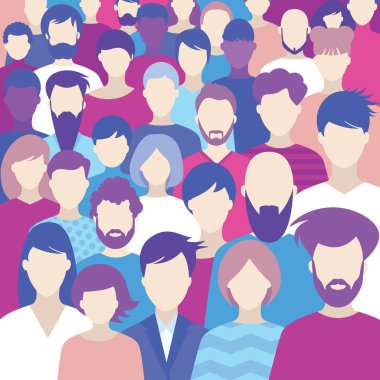 Bir sürü insan. Farklı insanlardan oluşan büyük bir grup. Vektör.