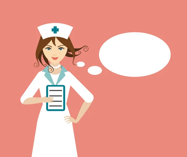 Krásná mladá zdravotní sestra s povídáním kec. Plochý design. — Stockový vektor