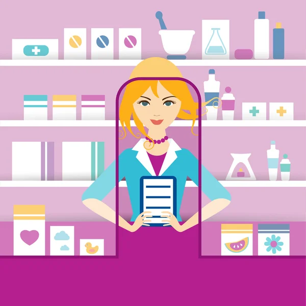 Joven farmacia rubia química chica de pie en la farmacia. Vector plano . — Archivo Imágenes Vectoriales