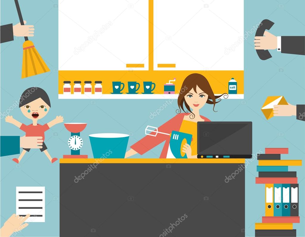 Busy multitask woman, mother managing her work with smile.