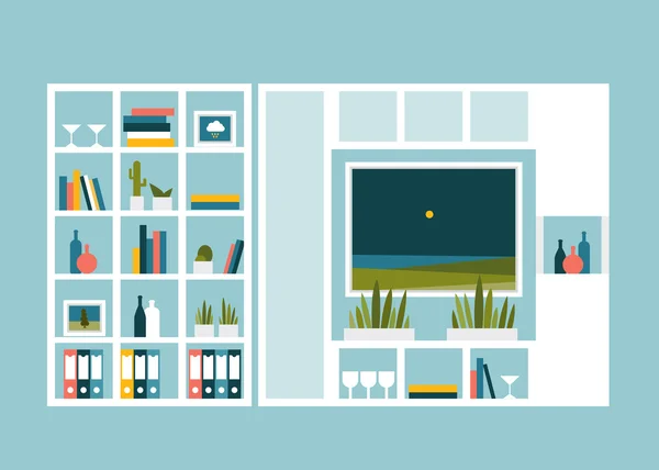 Wohnzimmer mit Fotobildern und Bücherregalen. flache Designvektorillustration. — Stockvektor