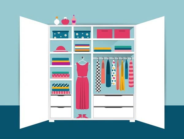 Offener Kleiderschrank. weißer Kleiderschrank mit ordentlicher Kleidung, Hemden, Pullovern, Schachteln und Schuhen. Innenraum. flache Designvektorillustration. — Stockvektor