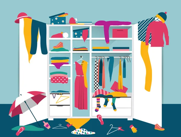 Öppen garderob. Vit garderob med slarviga kläder, skjortor, tröjor, lådor och skor. Hem röran interiör. Platt design vektor illustration. — Stock vektor