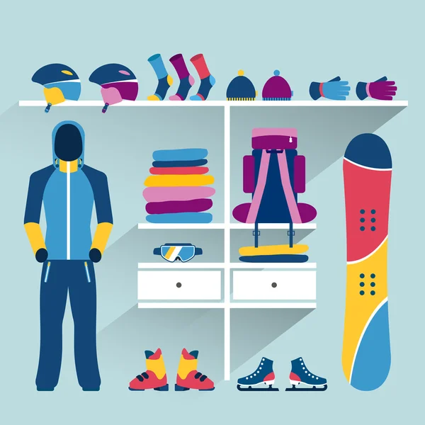 Sport skidförråd. Vinter aktiviteter boutique inomhus. Platt design vektor illustration. — Stock vektor