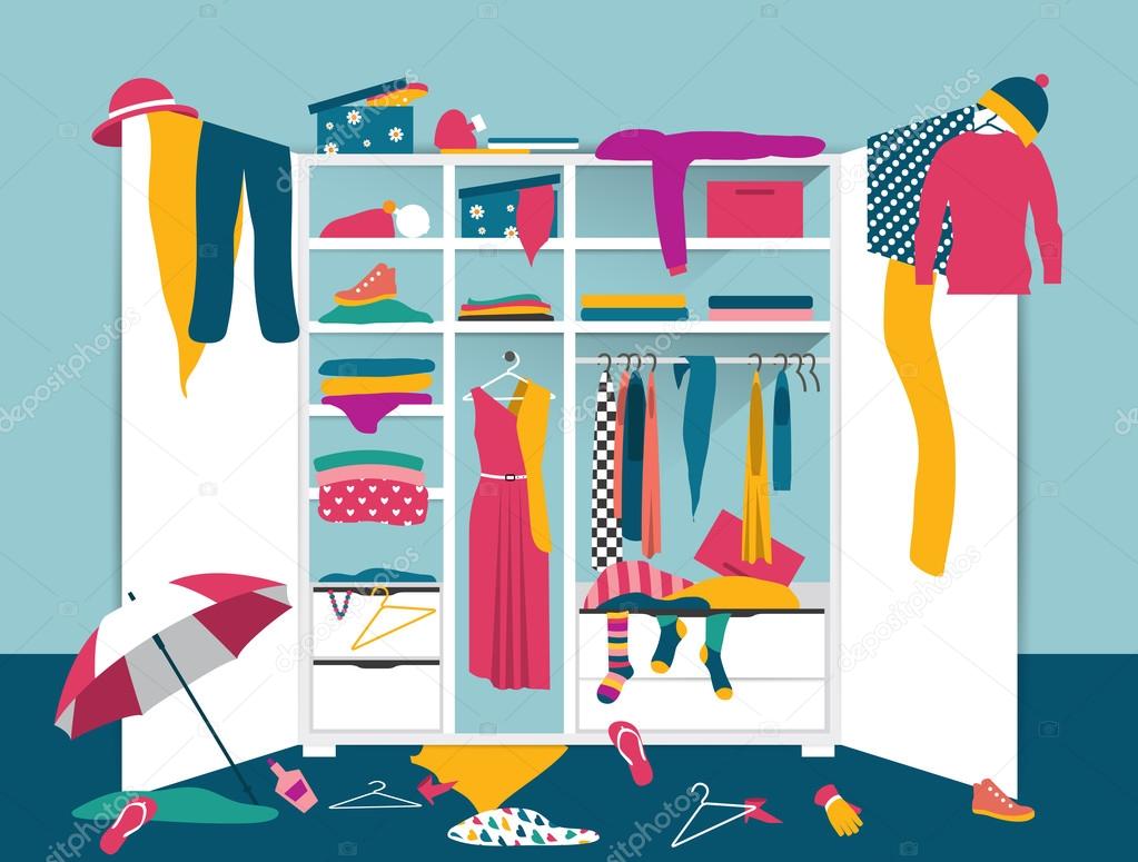 Open wardrobe. White closet with untidy clothes, shirts, sweaters, boxes and shoes. Home mess interior. Flat design vector illustration.