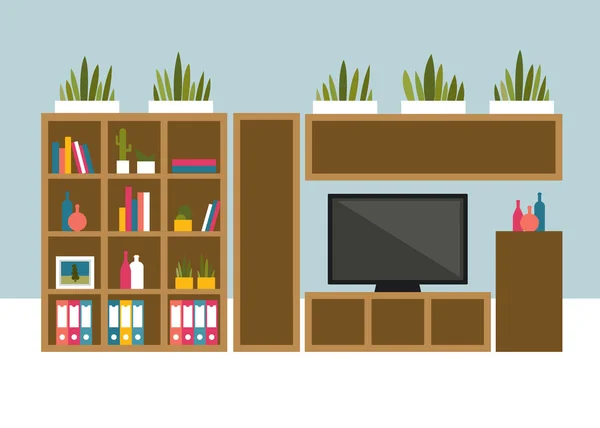 Wohnzimmer mit Fernseher und Bücherregalen. flache Designvektorillustration. — Stockvektor