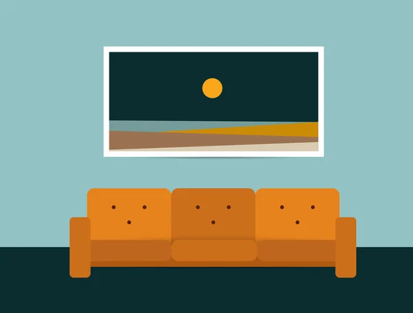 Living room interiör. Retro stil soffa och matta. Platt design vektor illustration. — Stock vektor