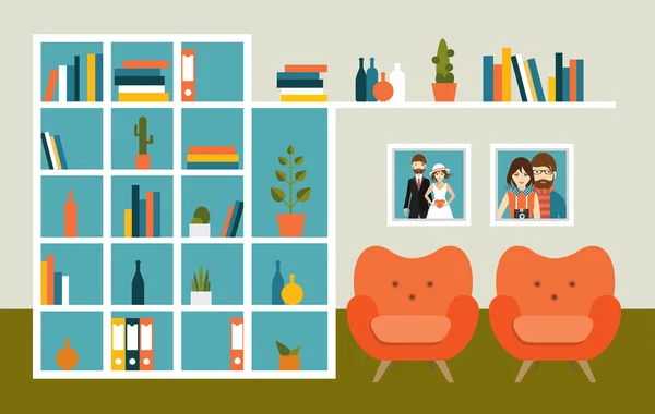 Parede da sala de estar com poltronas laranja e prateleiras de livros. Ilustração vetorial de design plano . —  Vetores de Stock