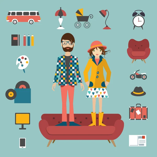 Hipster necesita un concepto de estilo de pareja. Ilustración vectorial . — Vector de stock