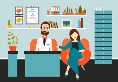 Psikiyatrist doktor Bayan hasta için üzüntü ve depresyon ile dinleme. Karikatür düz vektör.