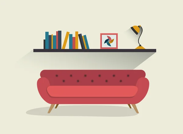 Sofá rojo retro y estante para libros con lámpara. Diseño plano vector ilustración . — Vector de stock