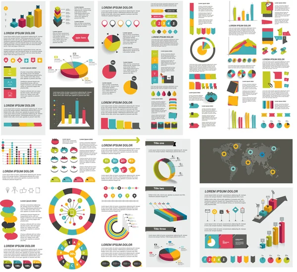 Mega infographics elemanları çizelgeleri, grafikler, daire grafikler, diyagramlar, konuşma balonları kümesi. Düz ve 3d tasarım. Vektör. — Stok Vektör