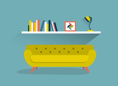 Retro kanepe ve kitap raf lamba ile. Düz tasarlamak vektör.