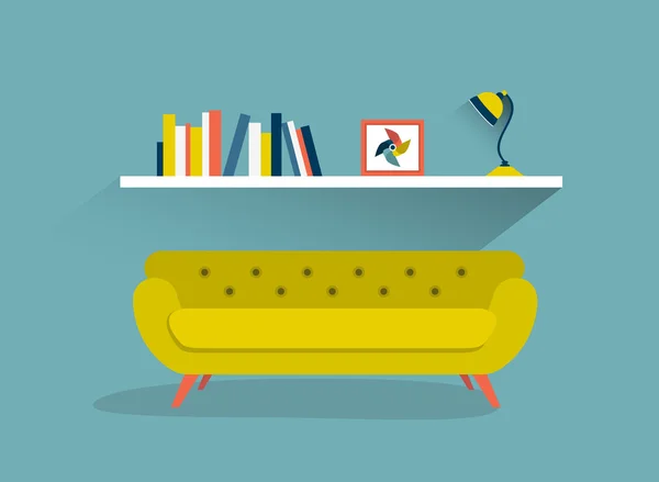 Retro-Sofa und Bücherregal mit Lampe. flache Designvektorillustration. — Stockvektor