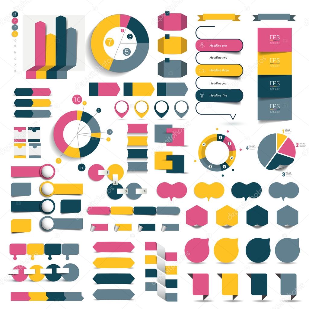 Big set of infographic elements charts, diagrams, speech bubbles. Flat and 3D design. Vector.