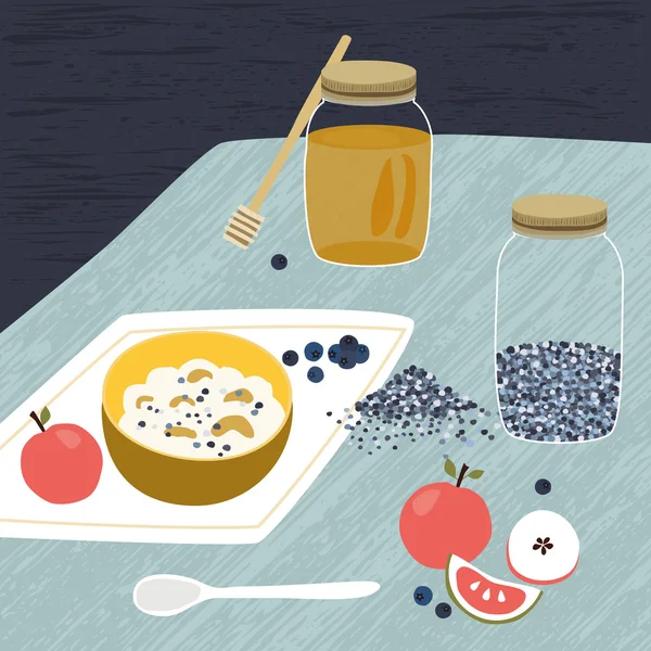 Granola de cereais de aveia com mel e mirtilos frescos. Ilustração de desenho animado russo. Vista superior . — Vetor de Stock