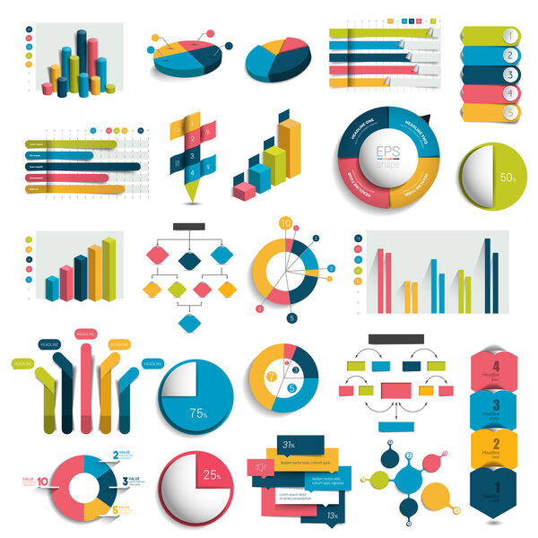 Mega Set of business 3D design graphs, charts, templates, schemes. Colummn, cubes, circle design. Infographics.
