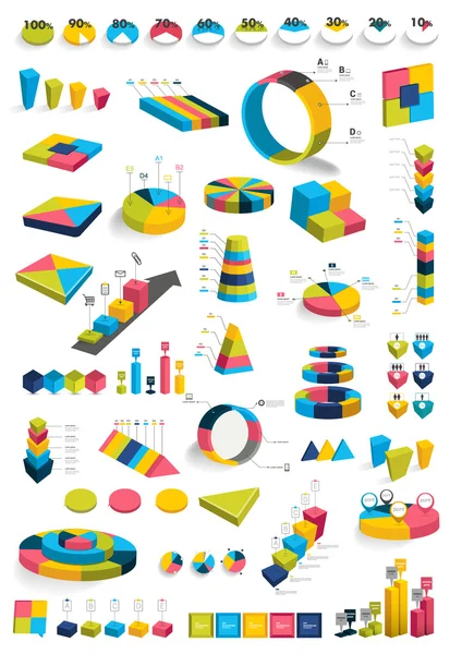 Sammlungen von Infografiken 3D-Design-Diagrammen. verschiedene Farbvorlagen, Diagramme, Schemata, Boxen, Tortendiagramme, Blasen für Druck oder Webdesign. Vektorillustration. — Stockvektor