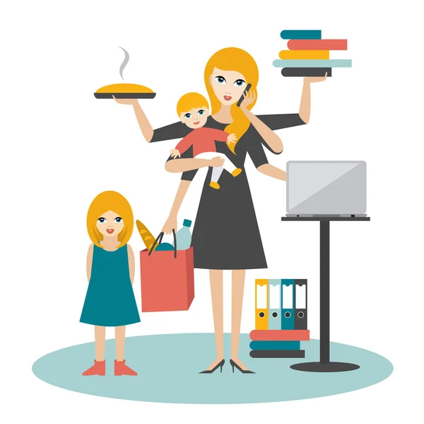 Multitask woman. Mother, businesswoman with baby, older child, working, coocking and calling. Flat vector. — Stock Vector