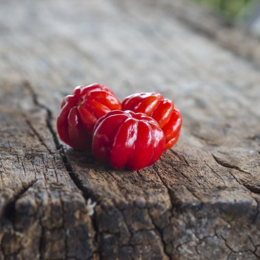 Tropikal meyve Pitanga, denilen Brezilya kiraz, Surinam kiraz, Cayenne woodem backgraund kirazlı. Sığ derinlik-in tarla.