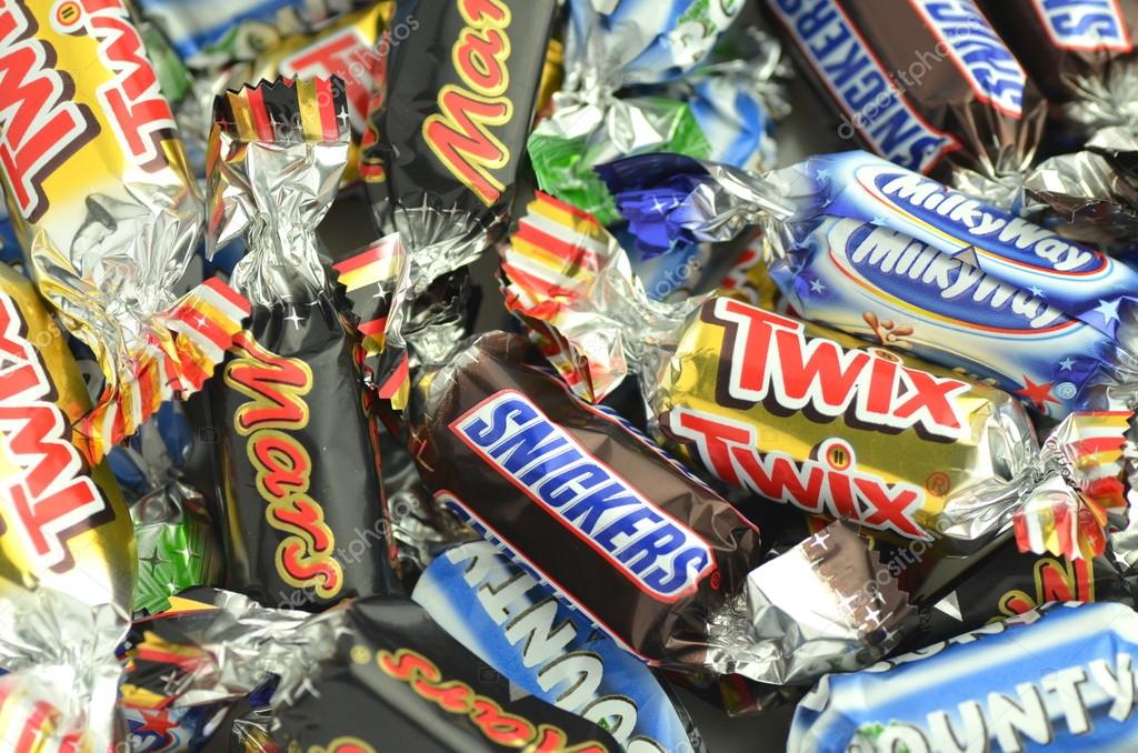CIRCA NOVEMBER 2015 - GDANSK: Closeup of Snickers, Mars, Bounty, Milky Way,Twix candies. They are produced by American company Mars Incorporated founded in 1911 in Tacoma, Washington.