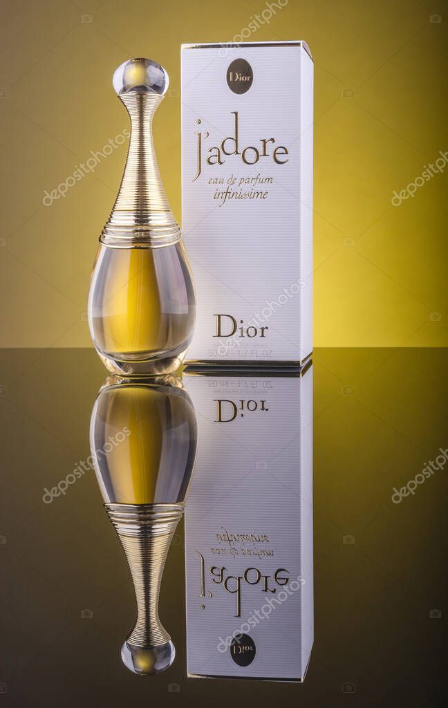 Dior jadore infinissime eau de perfum isolated on gradient background. Dior is French luxury goods company. The company was founded in 1946 by French fashion designer Christian Dior.