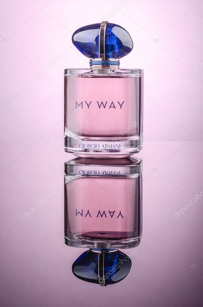 Giorgio Armani My Way perfume isolated on gradient background. Giorgio Armani is Italian luxury fashion house founded in 1975 with headquarter in Milan, Italy.