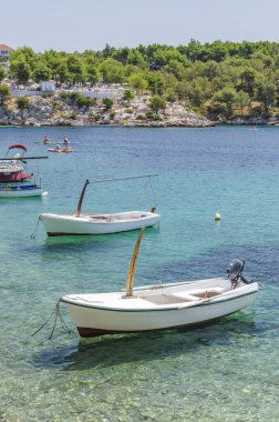 Hırvatistan 'ın Brac adasının batı kıyısında Milna yakınlarındaki kayalık plajlı Idyllic Osibova Körfezi