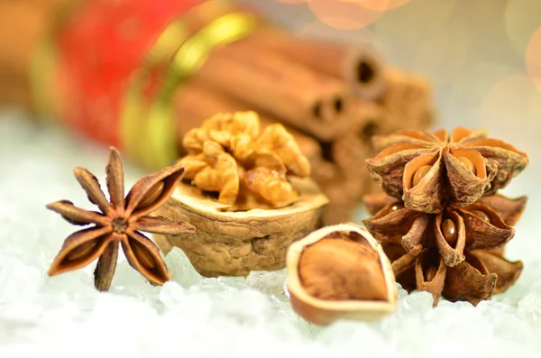 Christmas season, cinnamon sticks, anise stars and nuts on bokeh background — Stock Photo, Image