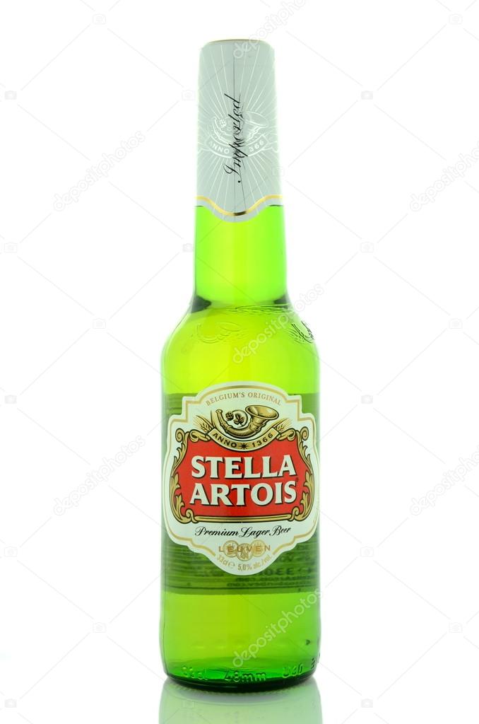 Stella Artois pilsner beer isolated on white background. Stella Artois has been brewed since 1926 in Belgium.
