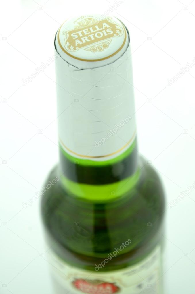 Stella Artois pilsner beer isolated on white background. Stella Artois has been brewed since 1926 in Belgium.
