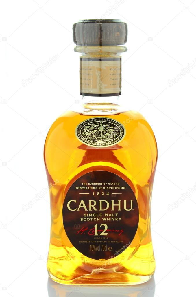 CIRCA APRIL 2015 - KWIDZYN: Cardhu whisky isolated on white background. Cardhu is single malt scotch whisky produced in Speyside distillery near Archiestown, Moray, Scotland, founded in 1824.